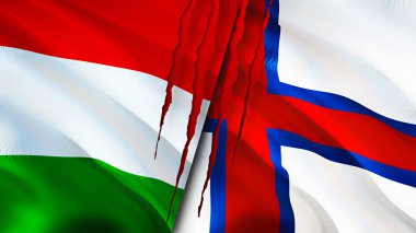 Macaristan ve Faroe Adaları yara izi olan bayraklar. Dalgalanan bayrak, 3 boyutlu görüntüleme. Macaristan ve Faroe Adaları çatışma konsepti. Macaristan Faroe Adaları ilişkileri kavramı. Macaristan ve Faroe Adaları bayrağı