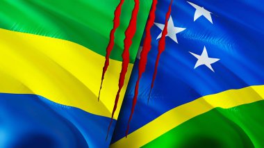 Gabon ve Solomon Adaları yara izi olan bayraklar. Dalgalanan bayrak, 3 boyutlu görüntüleme. Gabon ve Solomon Adaları çatışma konsepti. Gabon Solomon Adaları ilişkileri kavramı. Gabon ve Solomon Adası bayrağı