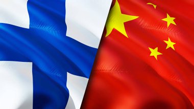Finlandiya ve Çin bayrakları. 3 boyutlu dalgalanan bayrak tasarımı. Finlandiya Çin bayrağı, resim, duvar kağıdı. Finlandiya, Çin 'e karşı imaj, 3D görüntüleme. Finlandiya Çin ilişkileri ittifak ve ticaret, seyahat ve turizm kavramları