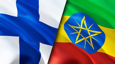 Finlandiya ve Etiyopya bayrakları. 3 boyutlu dalgalanan bayrak tasarımı. Finlandiya Etiyopya bayrağı, resim, duvar kağıdı. Finlandiya, Etiyopya 'ya karşı, görüntü 3 boyutlu. Finlandiya Etiyopya ilişkileri ittifak ve ticaret, seyahat, turnuva