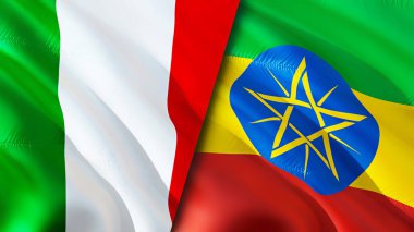 İtalya ve Etiyopya bayrakları. 3 boyutlu dalgalanan bayrak tasarımı. İtalya Etiyopya bayrağı, resim, duvar kağıdı. İtalya Etiyopya 'ya karşı, görüntü 3 boyutlu. İtalya Etiyopya ilişkileri ittifak ve ticaret, seyahat, turizm konsepti