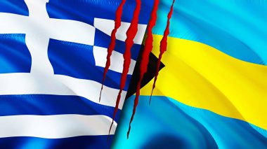 Yunanistan ve Bahamalar yara izi olan bayraklar. Dalgalanan bayrak, 3 boyutlu görüntüleme. Yunanistan ve Bahamalar çatışma konsepti. Yunanistan Bahamalar ilişkileri kavramı. Yunanistan ve Bahamalar bayrağı kriz, savaş, saldırı konsepti