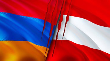 Yara izi olan Ermenistan ve Avusturya bayrakları. Dalgalanan bayrak, 3 boyutlu görüntüleme. Ermenistan ve Avusturya çatışma konsepti. Ermenistan Avusturya ilişkileri kavramı. Ermenistan bayrağı ve Avusturya krizi, savaş, saldırı