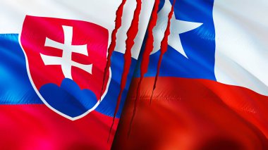 Yara izi olan Slovakya ve Şili bayrakları. Dalgalanan bayrak, 3 boyutlu görüntüleme. Slovakya ve Şili çatışması kavramı. Slovakya Şili ilişkileri kavramı. Slovakya bayrağı ve Şili krizi, savaş, saldırı konsepti