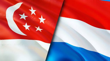 Singapur ve Lüksemburg bayrakları. 3 boyutlu dalgalanan bayrak tasarımı. Singapur Lüksemburg bayrağı, resim, duvar kağıdı. Singapur, Lüksemburg 'a karşı, görüntü 3 boyutlu. Singapur Lüksemburg ilişkileri ittifakı