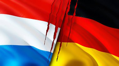 Lüksemburg ve Almanya yara izi olan bayraklar. Dalgalanan bayrak, 3 boyutlu görüntüleme. Lüksemburg ve Almanya çatışma konsepti. Lüksemburg Almanya ilişkileri kavramı. Lüksemburg bayrağı ve Almanya krizi, savaş