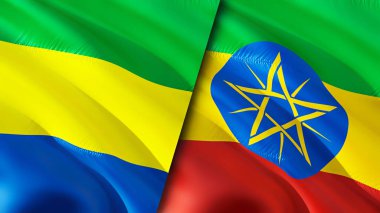 Gabon ve Etiyopya bayrakları. 3 boyutlu dalgalanan bayrak tasarımı. Gabon Etiyopya bayrağı, resim, duvar kağıdı. Gabon Etiyopya 'ya karşı, görüntü 3 boyutlu. Gabon Etiyopya ilişkileri ittifak ve ticaret, seyahat, turizm konsepti