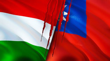 Yara izi olan Macaristan ve Tayvan bayrakları. Dalgalanan bayrak, 3 boyutlu görüntüleme. Macaristan ve Tayvan çatışma konsepti. Macaristan Tayvan ilişkileri kavramı. Macaristan ve Tayvan bayrağı krizi, savaş, saldırı konsepti