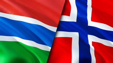 Gambiya ve Norveç bayrakları. 3 boyutlu dalgalanan bayrak tasarımı. Gambiya Norveç bayrağı, resim, duvar kağıdı. Gambiya Norveç 'e karşı, görüntü 3 boyutlu. Gambiya Norveç ilişkileri ittifak ve ticaret, seyahat, turizm konsepti
