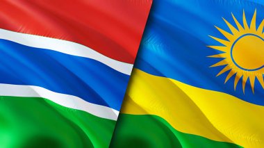 Gambiya ve Ruanda bayrakları. 3 boyutlu dalgalanan bayrak tasarımı. Gambia Ruanda bayrağı, resim, duvar kağıdı. Gambiya, Ruanda 'ya karşı, görüntü 3 boyutlu. Gambiya Ruanda ilişkileri ittifak ve ticaret, seyahat, turizm konsepti