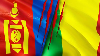 Yara izi olan Moğolistan ve Mali bayrakları. Dalgalanan bayrak, 3 boyutlu görüntüleme. Moğolistan ve Mali çatışma konsepti. Moğolistan Mali ilişkileri kavramı. Moğolistan bayrağı ve Mali krizi, savaş, saldırı konsepti
