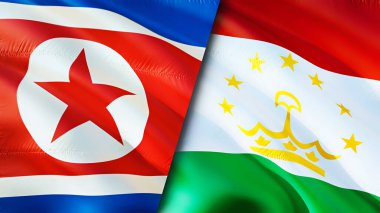 Kuzey Kore ve Tacikistan bayrakları. 3 boyutlu dalgalanan bayrak tasarımı. Kuzey Kore Tacikistan bayrağı, resim, duvar kağıdı. Kuzey Kore, Tacikistan 'a karşı, görüntü 3D. Kuzey Kore Tacikistan ilişkileri