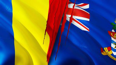 Romanya ve Cayman Adaları yara izi kavramına sahip bayraklar. Dalgalanan bayrak, 3 boyutlu görüntüleme. Romanya ve Cayman Adaları çatışma konsepti. Romanya Cayman Adaları ilişkileri kavramı. Romanya ve Cayma bayrağı