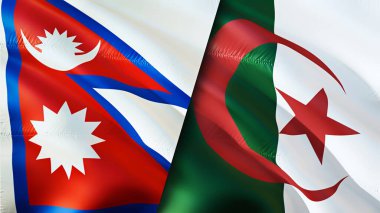 Nepal ve Cezayir bayrakları. 3 boyutlu dalgalanan bayrak tasarımı. Nepal Cezayir bayrağı, resim, duvar kağıdı. Nepal, Cezayir 'e karşı, görüntü 3D. Nepal Cezayir ilişkileri ittifak ve ticaret, seyahat, turizm konsepti
