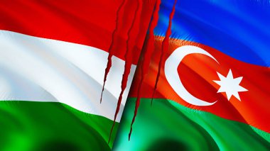 Macaristan ve Azerbaycan bayraklarında yara izi var. Dalgalanan bayrak, 3 boyutlu görüntüleme. Macaristan ve Azerbaycan çatışma konsepti. Macaristan Azerbaycan ilişkileri kavramı. Macaristan bayrağı ve Azerbaycan krizi, savaş
