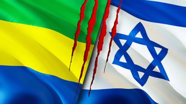 Gabon ve İsrail bayrakları yara izi konseptiyle. Dalgalanan bayrak, 3 boyutlu görüntüleme. Gabon ve İsrail çatışma konsepti. Gabon İsrail ilişkileri kavramı. Gabon ve İsrail bayrağı krizi, savaş, saldırı konsepti