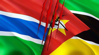 Gambiya ve Mozambik bayraklarında yara izi var. Dalgalanan bayrak, 3 boyutlu görüntüleme. Gambiya ve Mozambik çatışma konsepti. Gambiya Mozambik ilişkileri kavramı. Gambiya bayrağı ve Mozambik krizi, savaş, attac