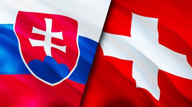 Slovakya ve İsviçre bayrakları. 3 boyutlu dalgalanan bayrak tasarımı. Slovakya İsviçre bayrağı, resim, duvar kağıdı. Slovakya, İsviçre 'ye karşı, görüntü 3D. Slovakya İsviçre ilişkileri