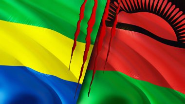 Gabon ve Malawi yara izi olan bayraklar. Dalgalanan bayrak, 3 boyutlu görüntüleme. Gabon ve Malawi çatışma konsepti. Gabon Malavi ilişkileri kavramı. Gabon bayrağı ve Malawi krizi, savaş, saldırı konsepti