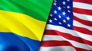 Gabon ve ABD bayrakları. 3 boyutlu dalgalanan bayrak tasarımı. Gabon ABD bayrağı, resim, duvar kağıdı. Gabon, ABD imajına karşı, 3D görüntüleme. Gabon ABD ilişkileri ittifak ve ticaret, seyahat, turizm konsepti
