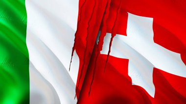 Yara izi olan İtalya ve İsviçre bayrakları. Dalgalanan bayrak, 3 boyutlu görüntüleme. İtalya ve İsviçre çatışma konsepti. İtalya-İsviçre ilişkileri kavramı. İtalya ve İsviçre bayrağı krizi, savaş, attac