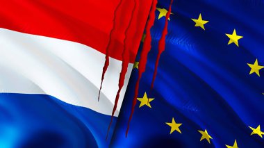 Hollanda ve Avrupa Birliği bayraklarında yara izi var. Dalgalanan bayrak, 3 boyutlu görüntüleme. Hollanda ve Avrupa Birliği çatışma konsepti. Hollanda Avrupa Birliği ilişkileri kavramı. Hollanda bayrağı