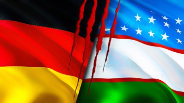 Almanya ve Özbekistan bayraklarında yara izi var. Dalgalanan bayrak, 3 boyutlu görüntüleme. Almanya ve Özbekistan çatışma konsepti. Almanya Özbekistan ilişkileri kavramı. Almanya bayrağı ve Özbekistan krizi, savaş