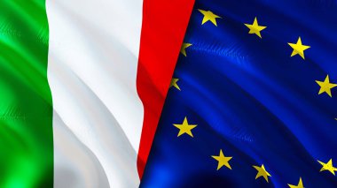 İtalya ve Avrupa Birliği bayrakları. 3 boyutlu dalgalanan bayrak tasarımı. İtalya Avrupa Birliği bayrağı, resim, duvar kağıdı. İtalya, Avrupa Birliği imajına karşı, 3D görüntüleme. İtalya Avrupa Birliği ilişkileri