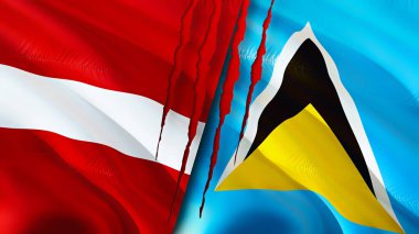 Letonya ve Saint Lucia bayraklarında yara izi var. Dalgalanan bayrak, 3 boyutlu görüntüleme. Letonya ve Saint Lucia çatışma konsepti. Letonya Saint Lucia ilişkileri kavramı. Letonya bayrağı ve Saint Lucia krizi, savaş