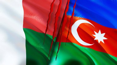 Madagaskar ve Azerbaycan bayrakları yara izi konseptiyle. Dalgalanan bayrak, 3 boyutlu görüntüleme. Madagaskar ve Azerbaycan çatışma konsepti. Madagaskar Azerbaycan ilişkileri kavramı. Madagaskar ve Azerbaycan bayrağı