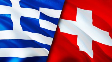 Yunanistan ve İsviçre bayrakları. 3 boyutlu dalgalanan bayrak tasarımı. Yunanistan İsviçre bayrağı, resim, duvar kağıdı. Yunanistan İsviçre 'ye karşı, görüntü 3D. Yunanistan İsviçre ilişkileri ittifak