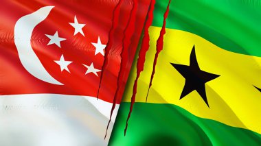 Singapur ve Sao Tome ve Principe bayrakları yara izi konseptiyle. Dalgalanan bayrak, 3 boyutlu görüntüleme. Singapur ve Sao Tome ve Principe çatışma konsepti. Singapur Sao Tome ve Principe ilişkileri kavramı. fla