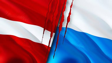 Letonya ve San Marino bayraklarında yara izi var. Dalgalanan bayrak, 3 boyutlu görüntüleme. Letonya ve San Marino çatışma konsepti. Letonya San Marino ilişkileri kavramı. Letonya bayrağı ve San Marino krizi, savaş, attac