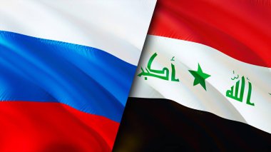 Rusya ve Irak bayrakları. 3 boyutlu dalgalanan bayrak tasarımı. Rusya Irak bayrağı, resim, duvar kağıdı. Rusya Irak 'a karşı, görüntü 3D. Rusya Irak ilişkileri ittifak ve ticaret, seyahat, turizm konsepti