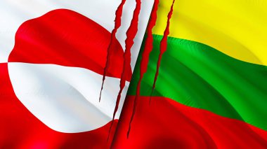 Grönland ve Litvanya bayraklarında yara izi var. Dalgalanan bayrak, 3 boyutlu görüntüleme. Grönland ve Litvanya çatışması konsepti. Grönland Litvanya ilişkileri kavramı. Grönland ve Litvanya bayrağı