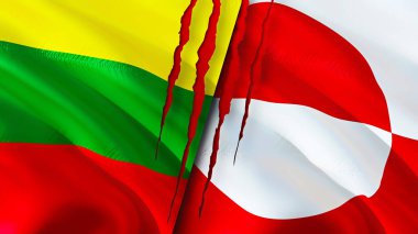 Yara izi olan Litvanya ve Grönland bayrakları. Dalgalanan bayrak, 3 boyutlu görüntüleme. Litvanya ve Grönland çatışması konsepti. Litvanya Grönland ilişkileri kavramı. Litvanya ve Greenlan bayrağı