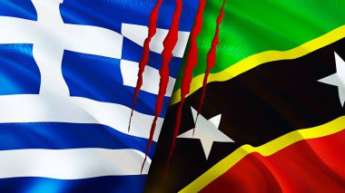 Yunanistan, Saint Kitts ve Nevis yara izi konseptli bayraklar. Dalgalanan bayrak, 3 boyutlu görüntüleme. Yunanistan ve Saint Kitts ve Nevis çatışma konsepti. Yunanistan Saint Kitts ve Nevis ilişkileri kavramı. Yunan bayrağı