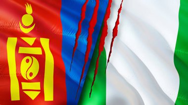 Yara izi olan Moğolistan ve Nijerya bayrakları. Dalgalanan bayrak, 3 boyutlu görüntüleme. Moğolistan ve Nijerya çatışma konsepti. Moğolistan Nijerya ilişkileri kavramı. Moğolistan ve Nijerya bayrağı krizi, savaş, attac