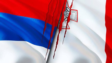 Sırbistan ve Malta yara izi kavramına sahip bayraklar. Dalgalanan bayrak, 3 boyutlu görüntüleme. Sırbistan ve Malta ihtilaf kavramı. Sırbistan Malta ilişkileri kavramı. Sırbistan bayrağı ve Malta krizi, savaş, saldırı konsepti