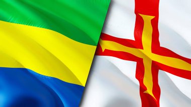 Gabon ve Guernsey bayrakları. 3 boyutlu dalgalanan bayrak tasarımı. Gabon Guernsey bayrağı, resim, duvar kağıdı. Gabon, Guernsey 'e karşı, görüntü 3 boyutlu. Gabon Guernsey ilişkileri ittifak ve ticaret, seyahat, turizm konsepti