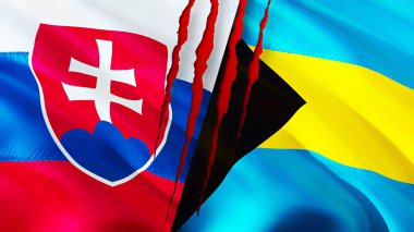 Slovakya ve Bahamalar yara izi olan bayraklar. Dalgalanan bayrak, 3 boyutlu görüntüleme. Slovakya ve Bahamalar çatışma konsepti. Slovakya Bahamalar ilişkileri kavramı. Slovakya ve Bahamalar bayrağı krizi, savaş, attac