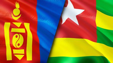 Moğolistan ve Togo bayrakları. 3 boyutlu dalgalanan bayrak tasarımı. Moğolistan Togo bayrağı, resim, duvar kağıdı. Moğolistan Togo 'ya karşı, görüntü 3 boyutlu. Moğolistan Togo ilişkileri ittifak ve ticaret, seyahat, turizm konsepti