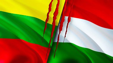 Yara izi olan Litvanya ve Macaristan bayrakları. Dalgalanan bayrak, 3 boyutlu görüntüleme. Litvanya ve Macaristan çatışma konsepti. Litvanya Macaristan ilişkileri kavramı. Litvanya ve Macaristan bayrağı krizi, savaş, attac