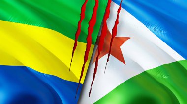Gabon ve Cibuti yara izi olan bayraklar. Dalgalanan bayrak, 3 boyutlu görüntüleme. Gabon ve Cibuti çatışma konsepti. Gabon Cibuti ilişkileri kavramı. Gabon ve Cibuti bayrağı krizi, savaş, saldırı konsepti
