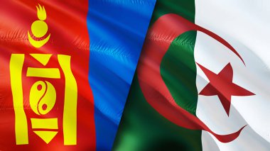 Moğolistan ve Cezayir bayrakları. 3 boyutlu dalgalanan bayrak tasarımı. Moğolistan Cezayir bayrağı, resim, duvar kağıdı. Moğolistan Cezayir 'e karşı, görüntü 3 boyutlu. Moğolistan Cezayir ilişkileri ittifak ve ticaret, seyahat, turnuva