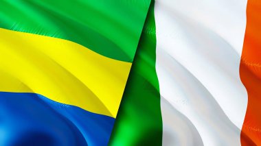 Gabon ve İrlanda bayrakları. 3 boyutlu dalgalanan bayrak tasarımı. Gabon İrlanda bayrağı, resim, duvar kağıdı. Gabon, İrlanda 'ya karşı. Görüntü 3 boyutlu. Gabon İrlanda ilişkileri ittifak ve ticaret, seyahat, turizm konsepti