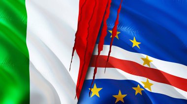 İtalya ve Cape Verde bayraklarında yara izi var. Dalgalanan bayrak, 3 boyutlu görüntüleme. İtalya ve Cape Verde çatışma konsepti. İtalya Cape Verde ilişkileri kavramı. İtalya bayrağı ve Cape Verde krizi, savaş, attac