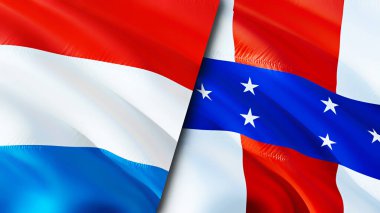 Lüksemburg ve Hollanda Antilleri bayrakları. 3 boyutlu dalgalanan bayrak tasarımı. Lüksemburg Hollanda Antilleri bayrağı, resim, duvar kağıdı. Lüksemburg, Hollanda Antilleri 'ne karşı. Görüntü 3D. Lüksembol
