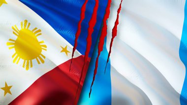 Yara izi olan Filipinler ve Guatemala bayrakları. Dalgalanan bayrak, 3 boyutlu görüntüleme. Filipinler ve Guatemala çatışma konsepti. Filipinler Guatemala ilişkileri kavramı. Filipinler ve Guatemal bayrağı