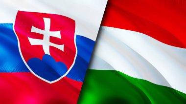 Slovakya ve Macaristan bayrakları. 3 boyutlu dalgalanan bayrak tasarımı. Slovakya Macaristan bayrağı, resim, duvar kağıdı. Slovakya, Macaristan 'a karşı, görüntü 3D. Slovakya Macaristan ilişkileri ittifak ve ticaret, seyahat, turnuva
